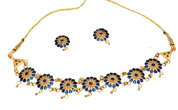Assamese_Traditional_Gold_Plated_Blue_Colour_Golpata_Necklace_Set_For_Women